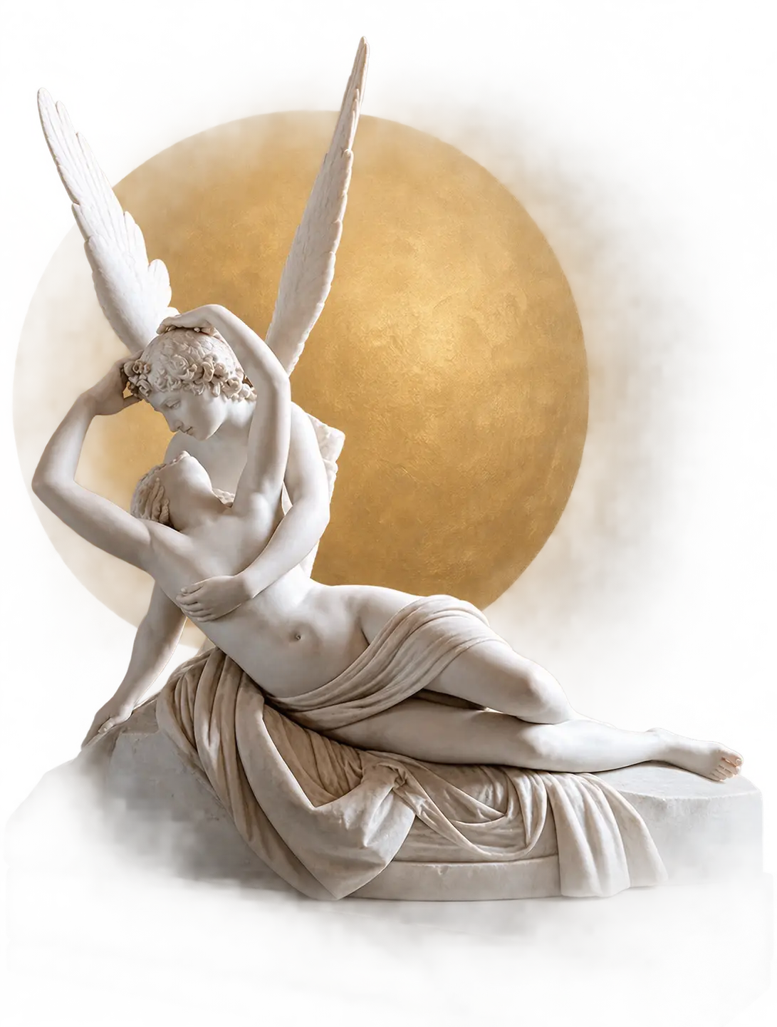 Amore e Psiche, scultura di Antonio Canova, davanti a un disco dorato