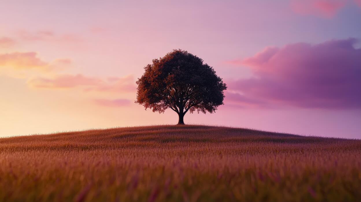 Una quercia solitaria su una collina al tramonto